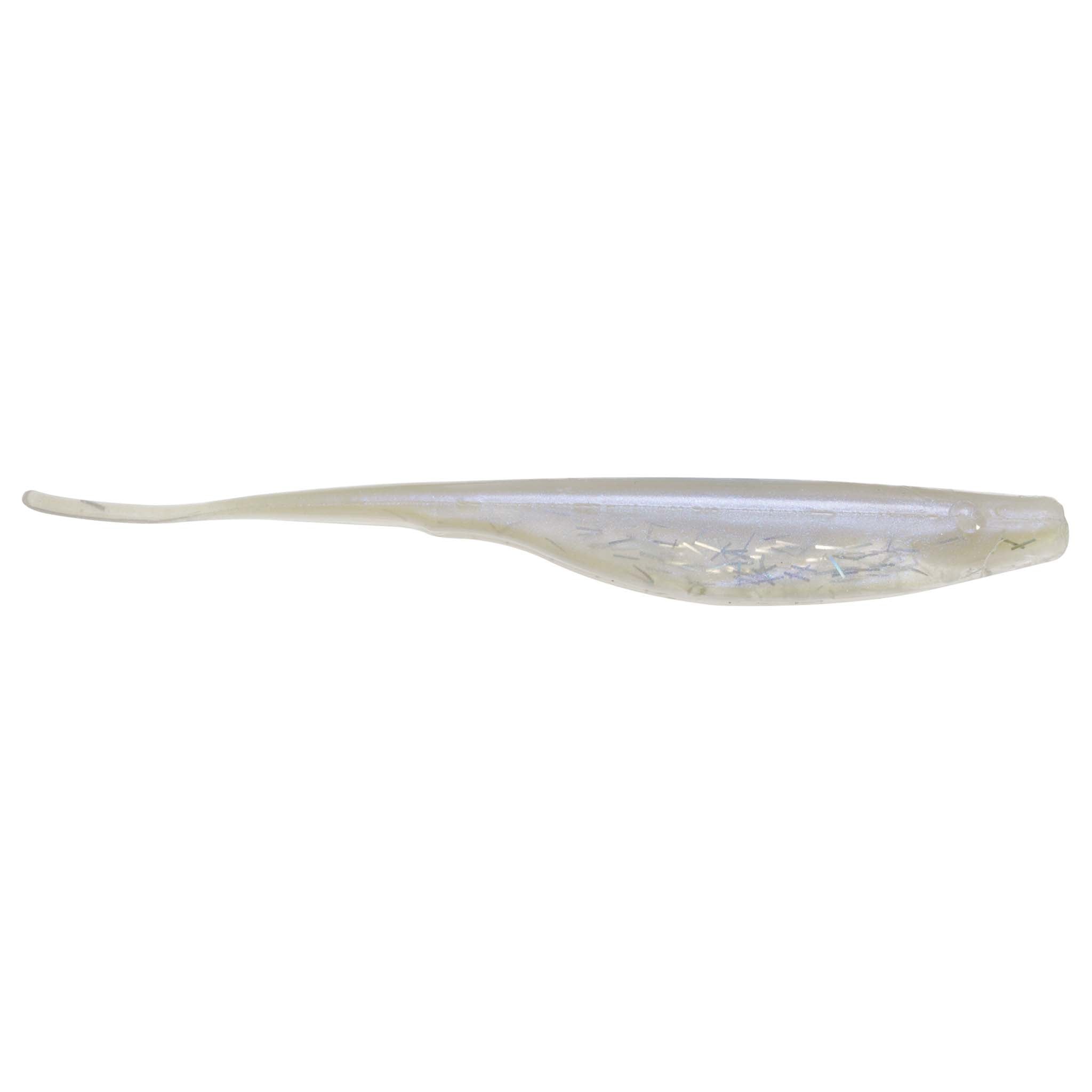 Pearl translucent fishing lure with silver sheen and slender paddle tail