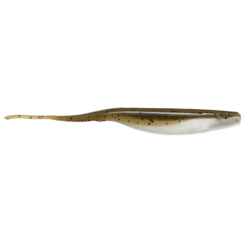Olive-brown fishing lure with dark speckles and narrow paddle tail