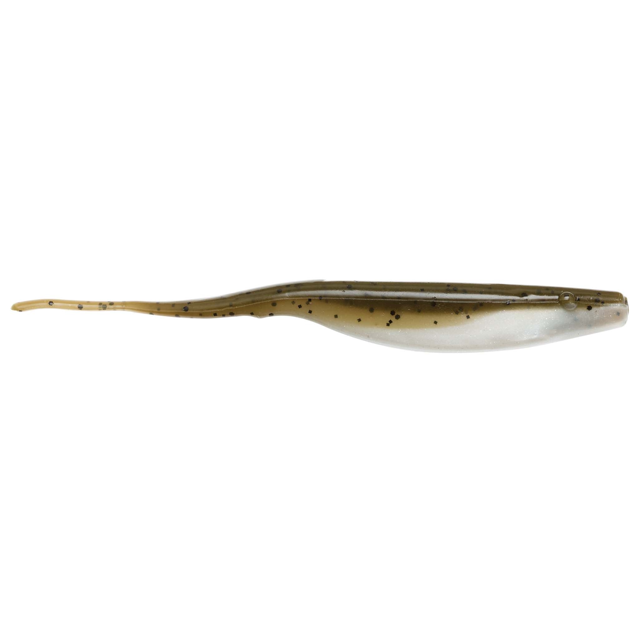 Olive-brown fishing lure with dark speckles and narrow paddle tail
