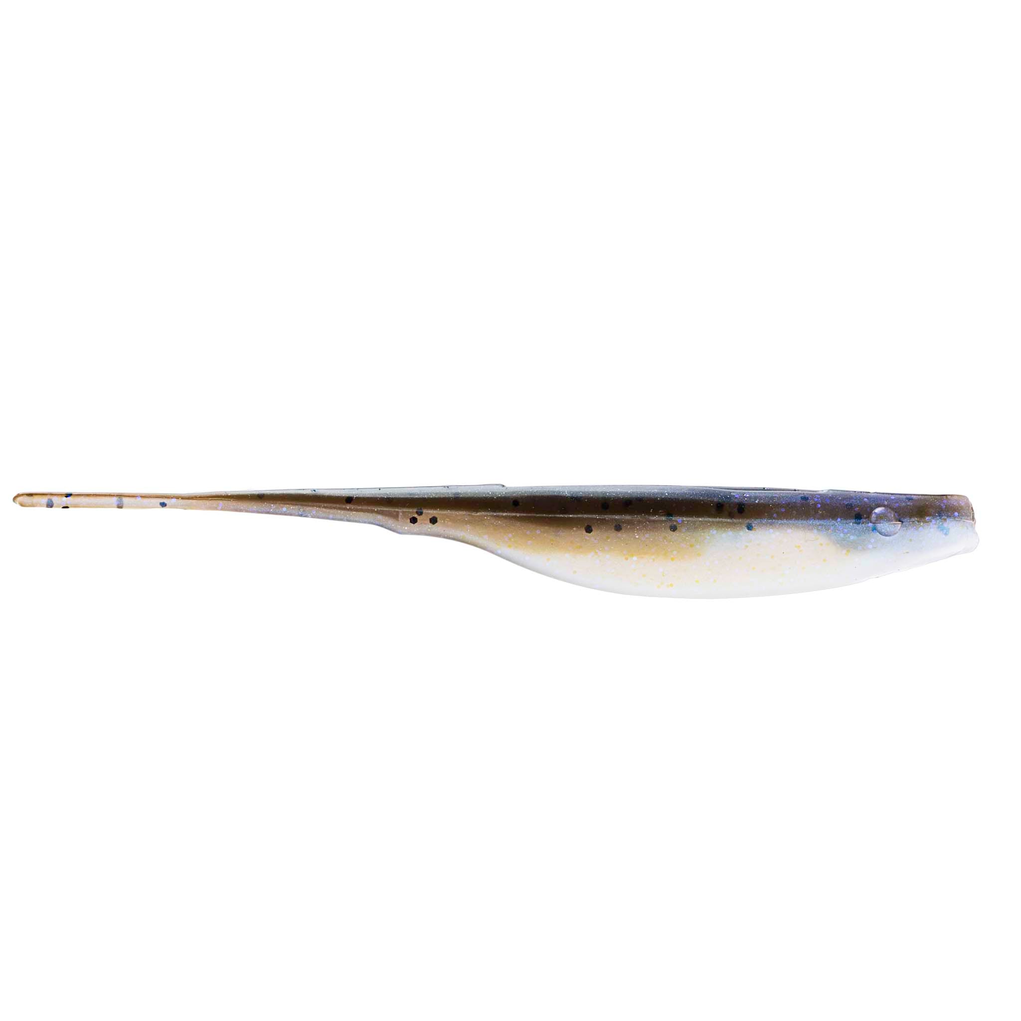 Blue-and-white fishing lure with speckled back and slender paddle tail