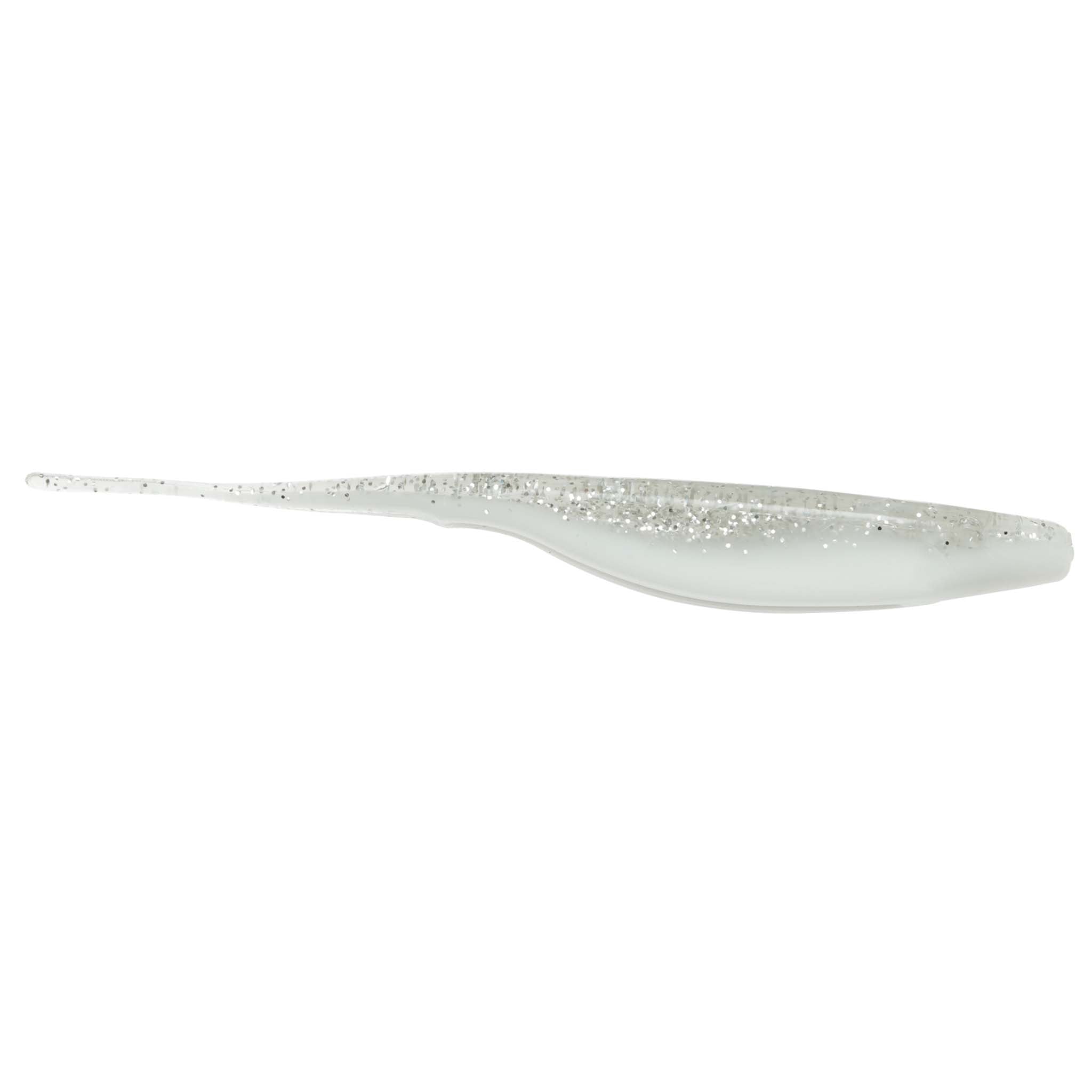 Silver glitter fishing lure with translucent white body and paddle tail