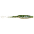 Green glitter fishing lure with dark specks and slender paddle tail