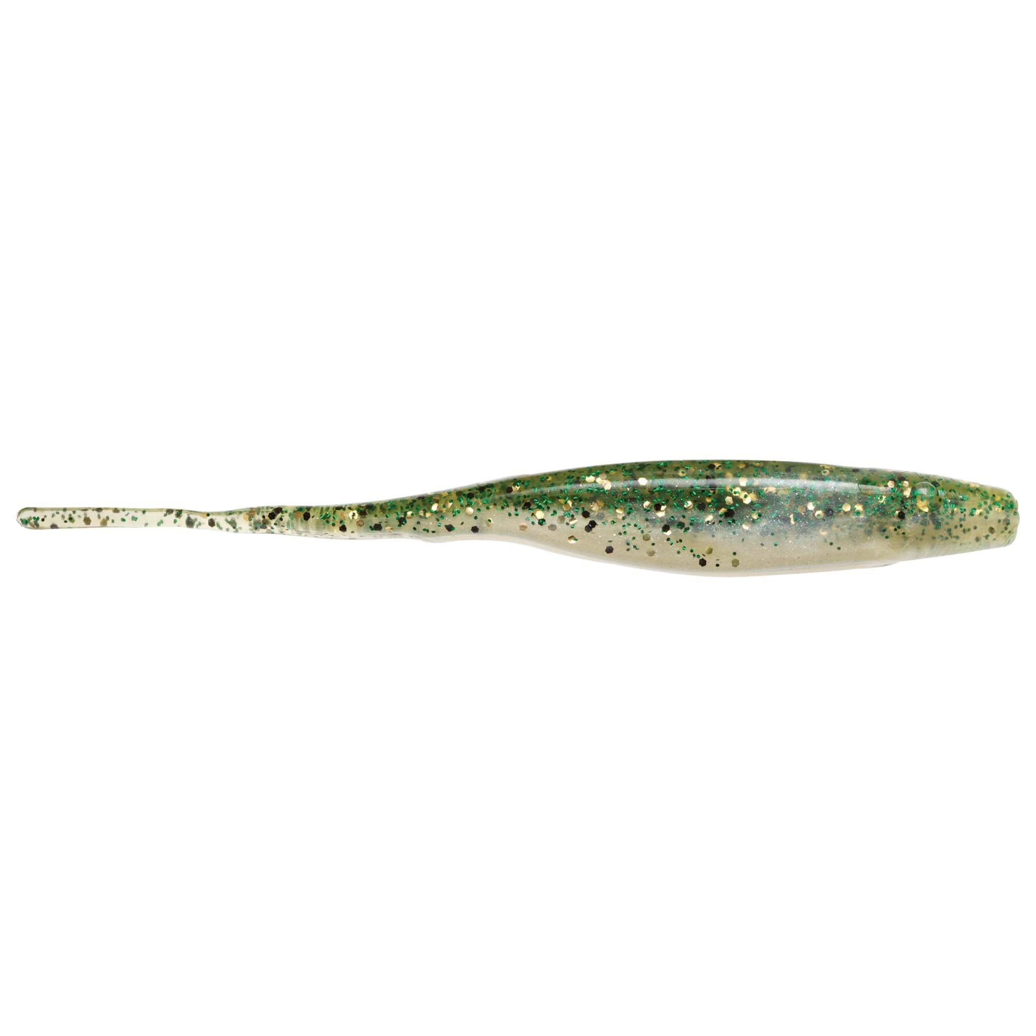 Green glitter fishing lure with dark specks and slender paddle tail
