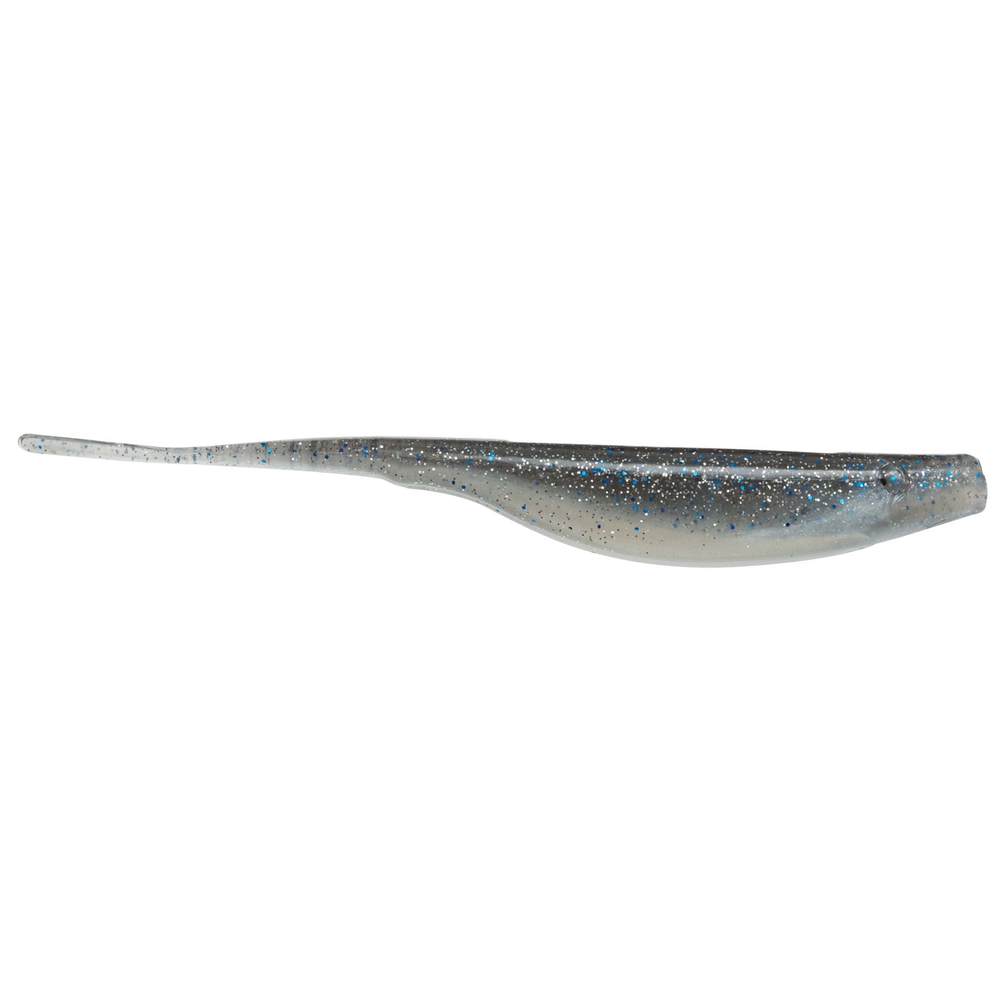 Blue-gray glitter fishing lure with dark flecks and paddle tail
