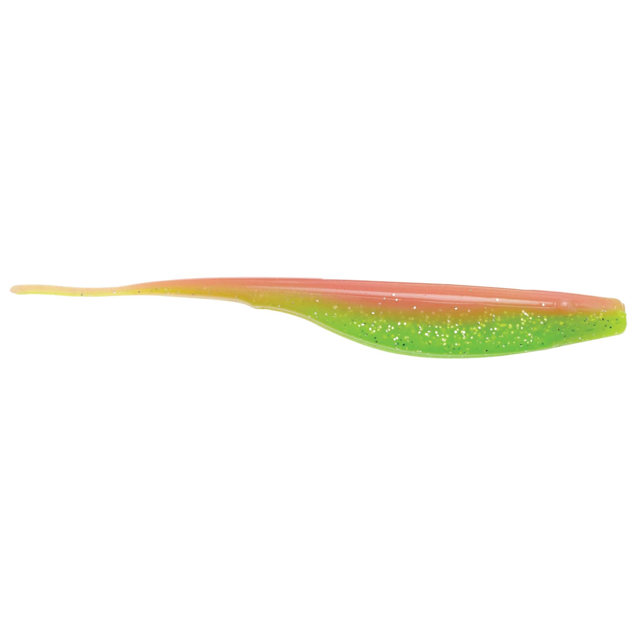 Orange-to-green glitter fishing lure with gradient body and paddle tail