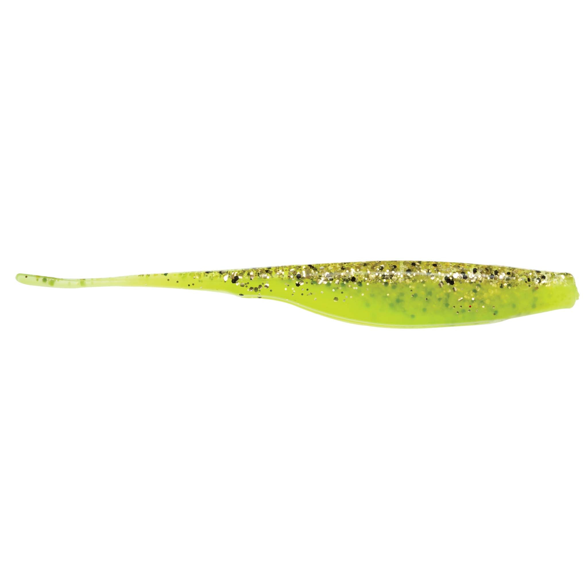 Chartreuse green fishing lure with black speckles and slender paddle tail