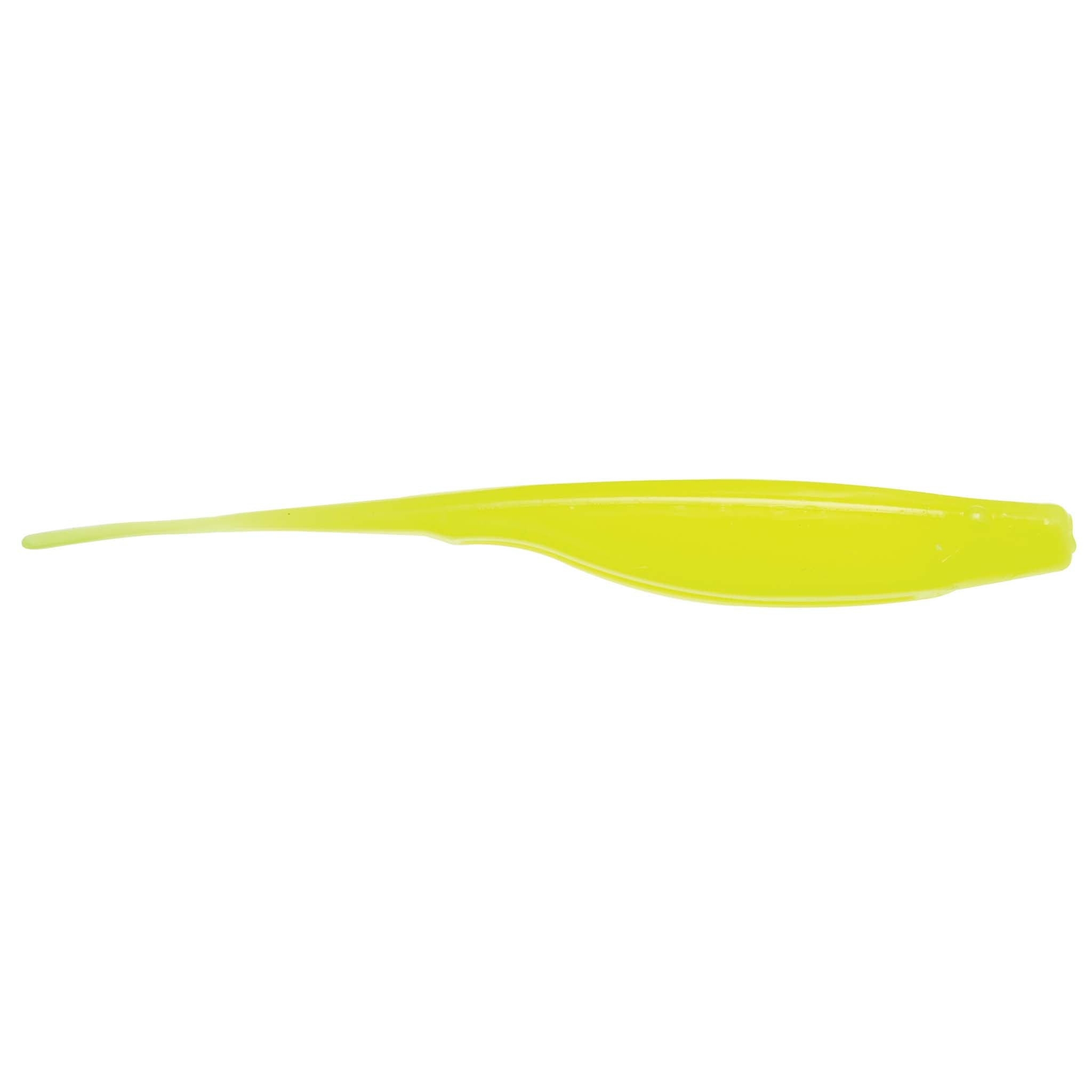 Neon yellow-green fishing lure with smooth translucent body and paddle tail