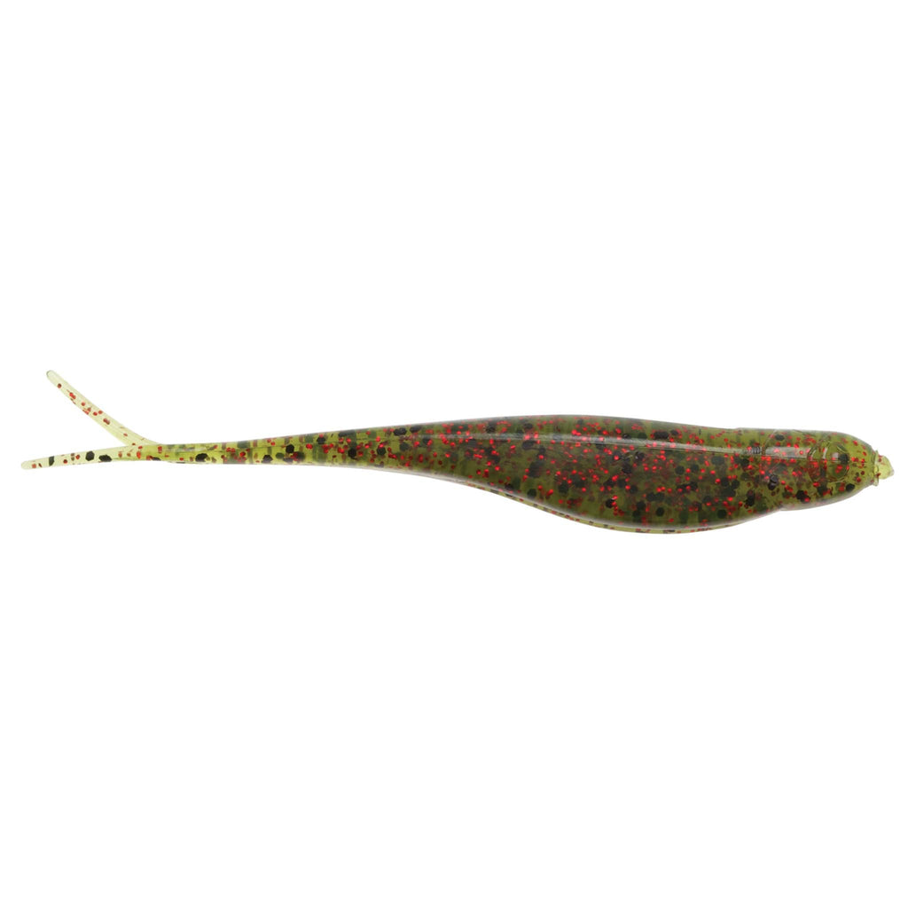 Green-black soft plastic fishing lure with red speckles and small forked tail