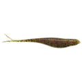 Green-black soft plastic fishing lure with red speckles and small forked tail