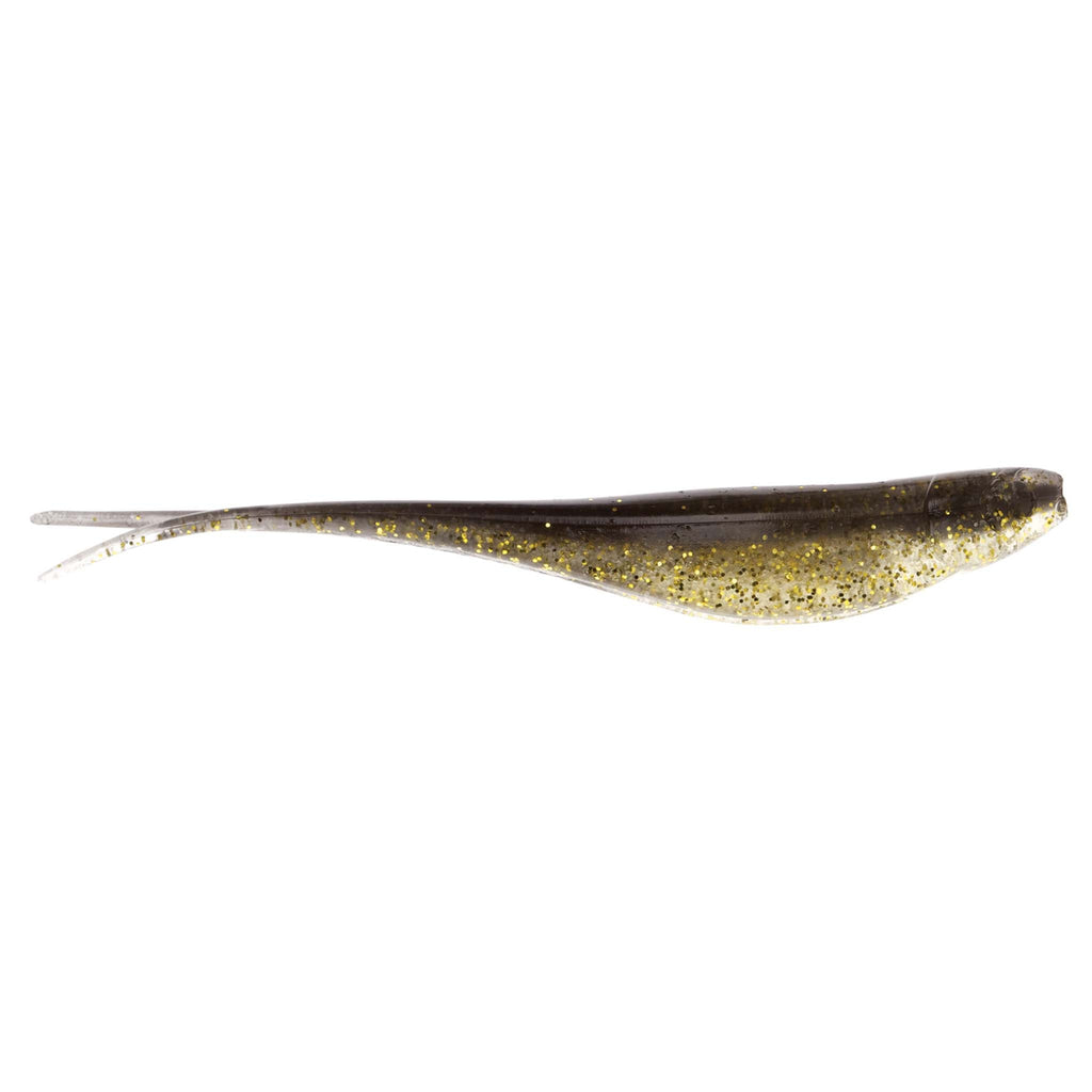 Dark brown-gold soft plastic fishing lure with sparkling speckles and slim tail
