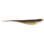 Dark brown-gold soft plastic fishing lure with sparkling speckles and slim tail