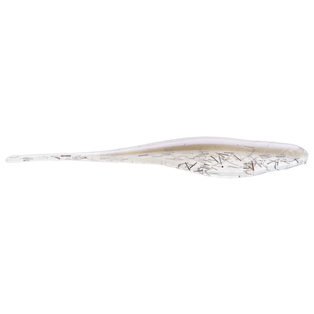 Translucent white soft plastic fishing lure with faint graphic line patterns