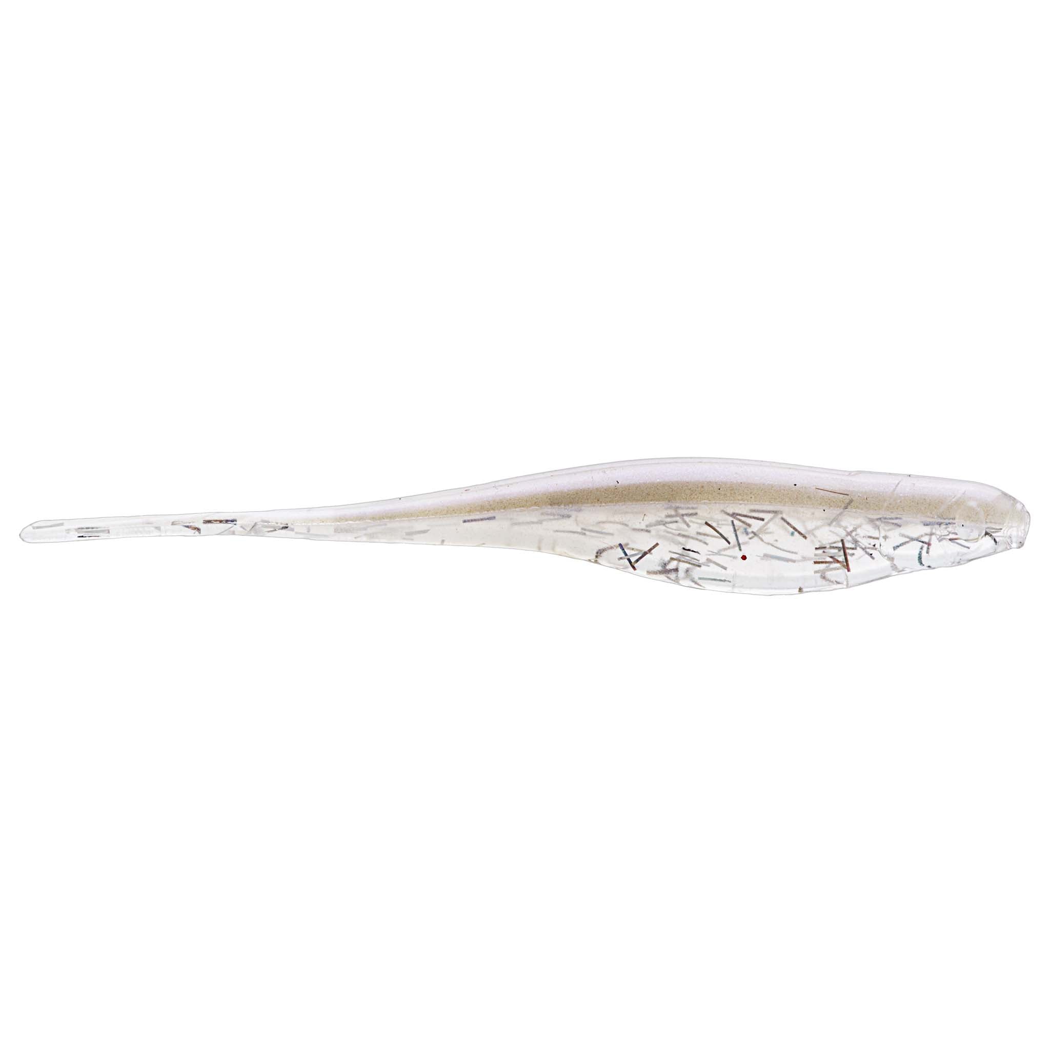 Translucent white soft plastic fishing lure with faint graphic line patterns