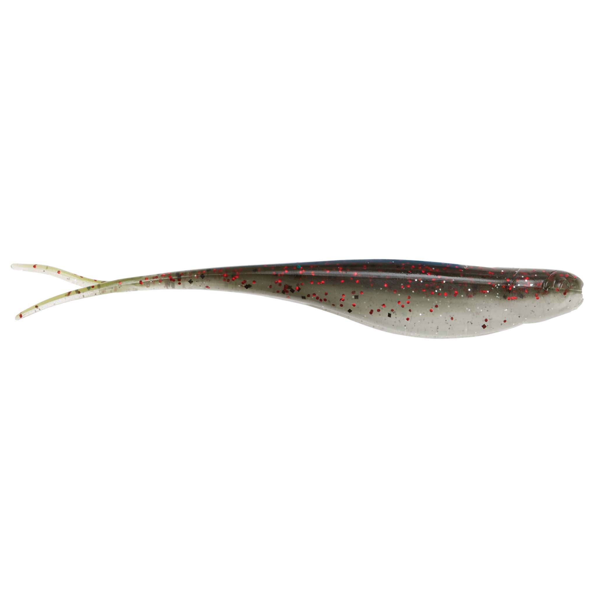 Gray soft plastic fishing lure with red speckles and long forked tail