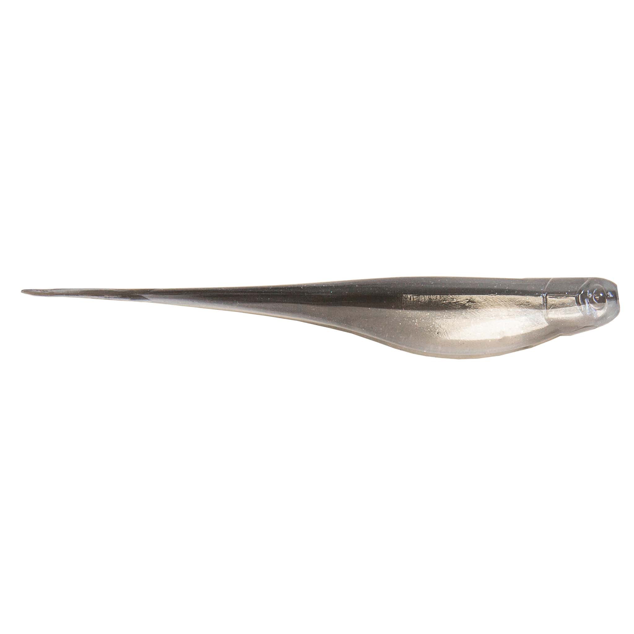 Smoke gray soft plastic fishing lure with darker back and small forked tail