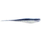 Light blue soft plastic fishing lure with dark speckles and translucent sides