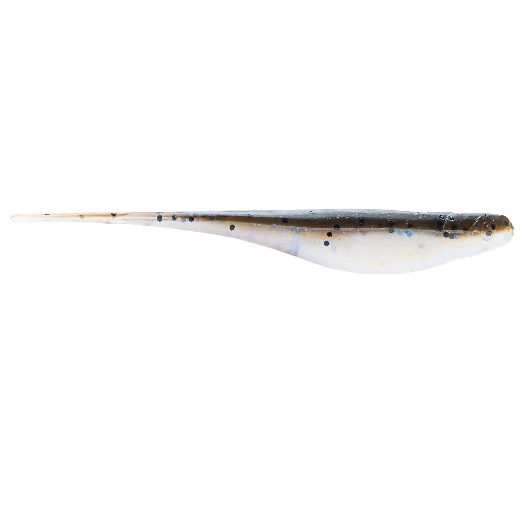 Silver-blue soft plastic fishing lure with speckled back and translucent belly