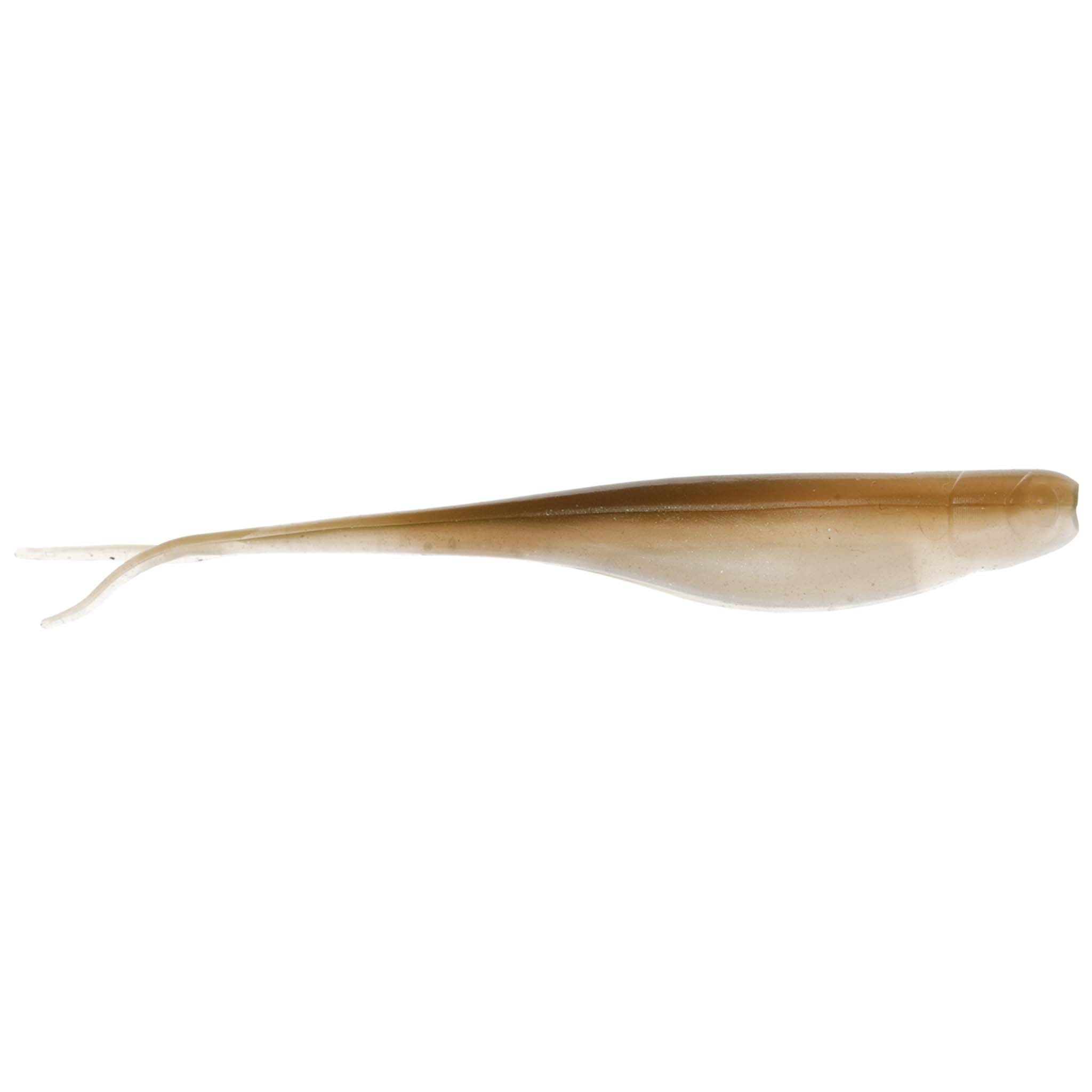 Tan translucent soft plastic fishing lure with slender profile and small tail