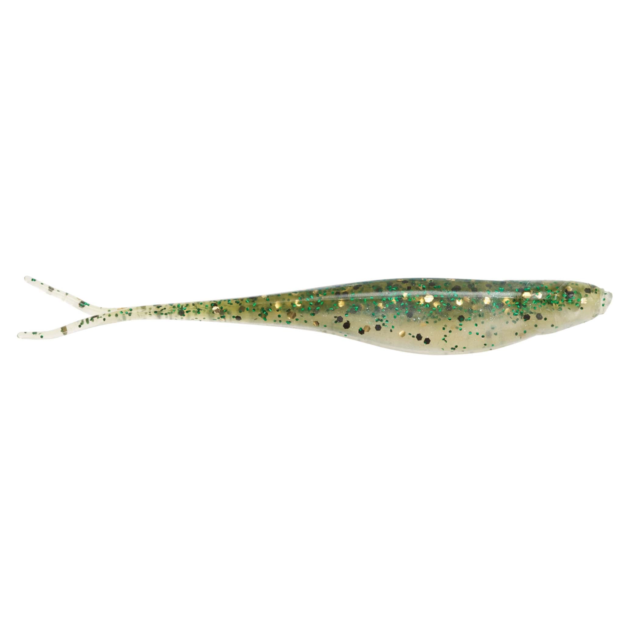Light green chartreuse soft plastic fishing lure with gold glitter and speckled details