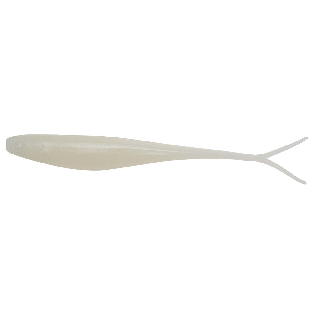 Translucent fishing lure in pale pearl/gray with forked tail fins