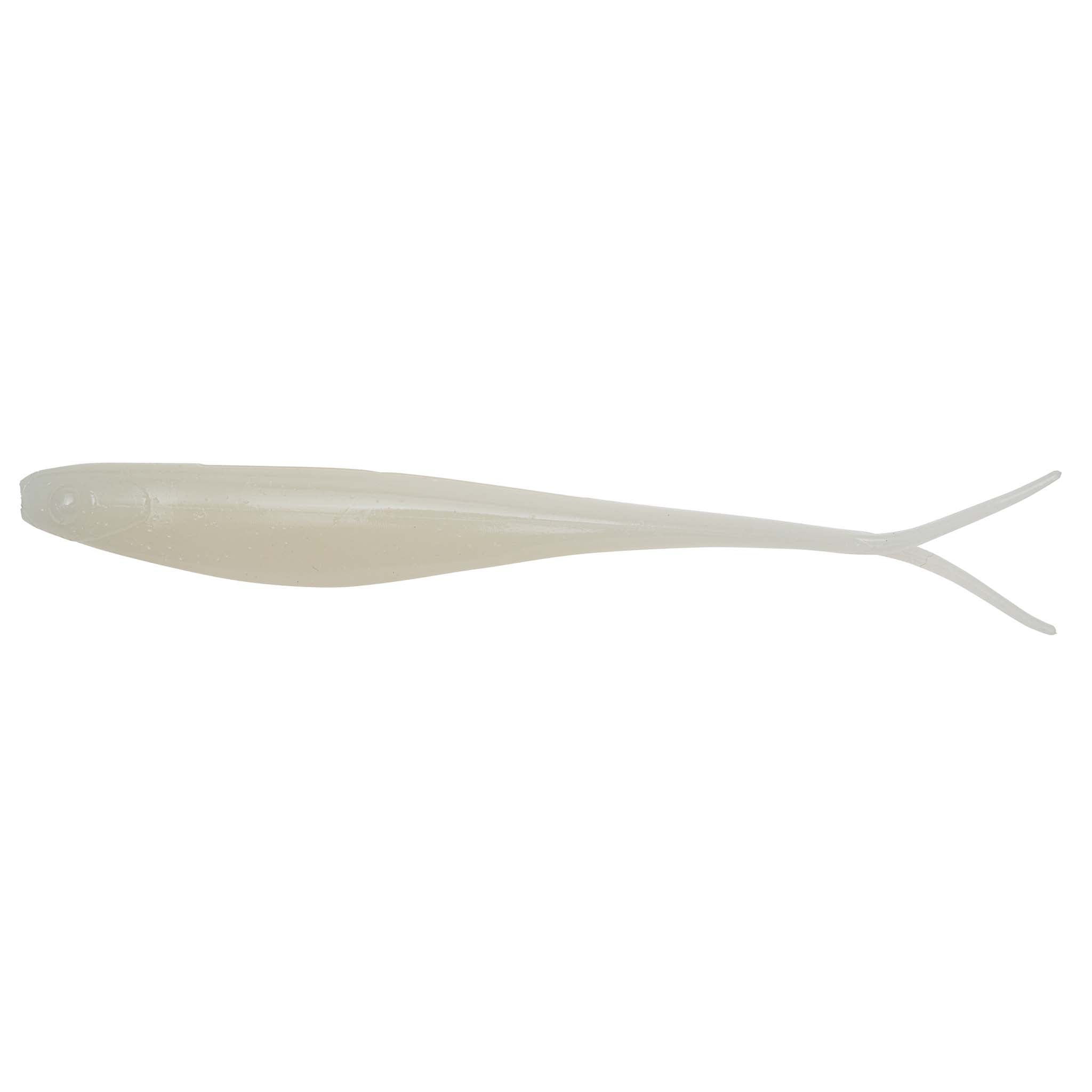 Translucent fishing lure in pale pearl/gray with forked tail fins