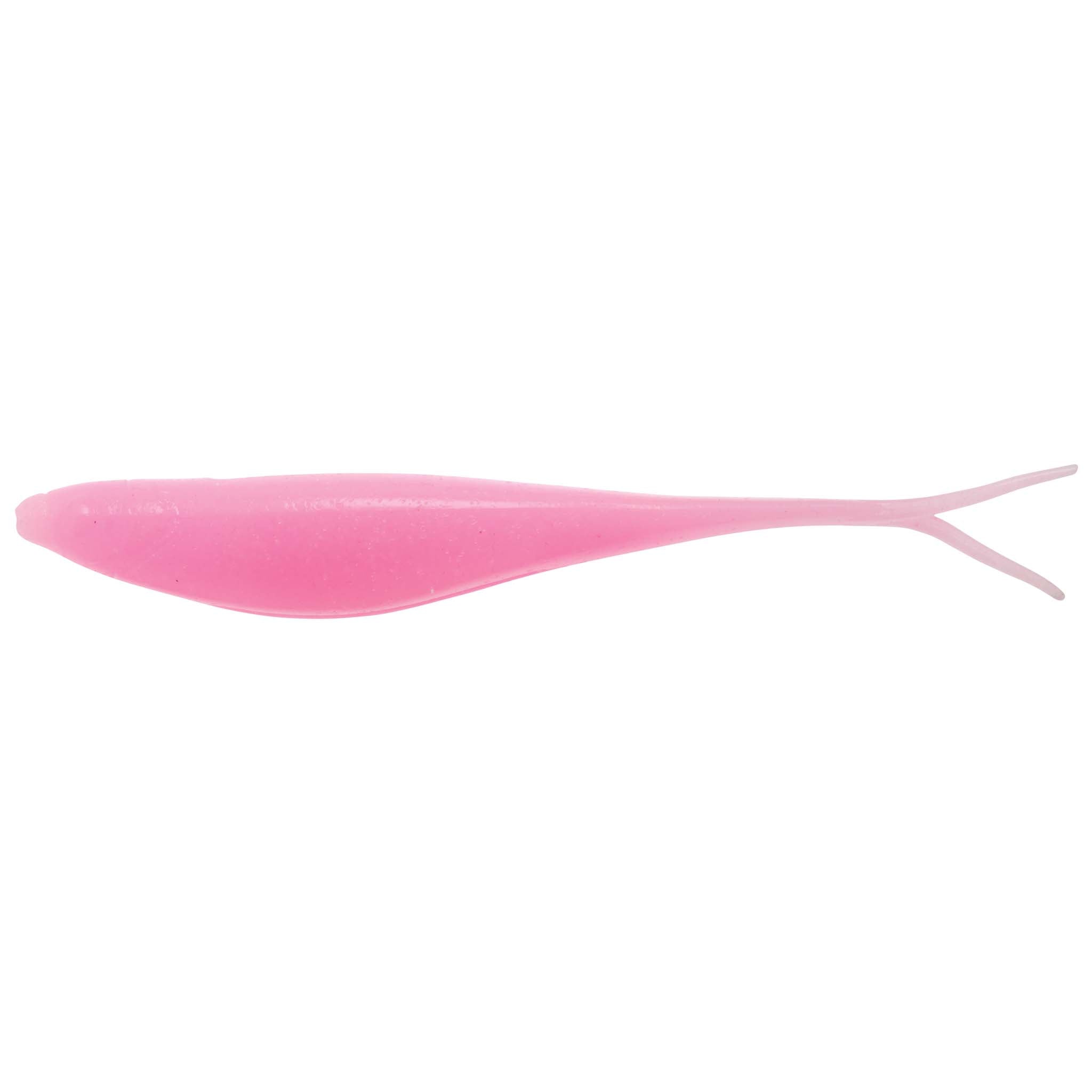 Pink translucent fishing lure with forked tail fins