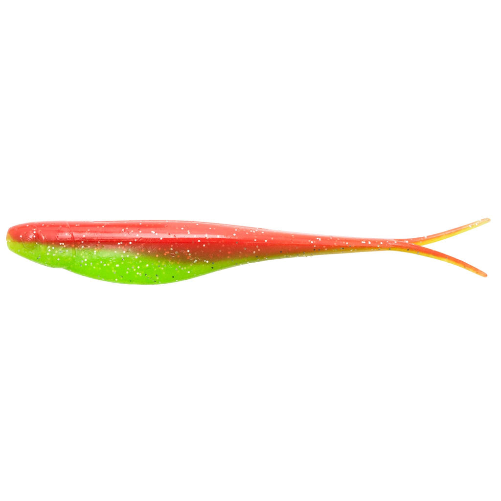 Two-tone glitter fishing lure: red top and green bottom, forked tail fins
