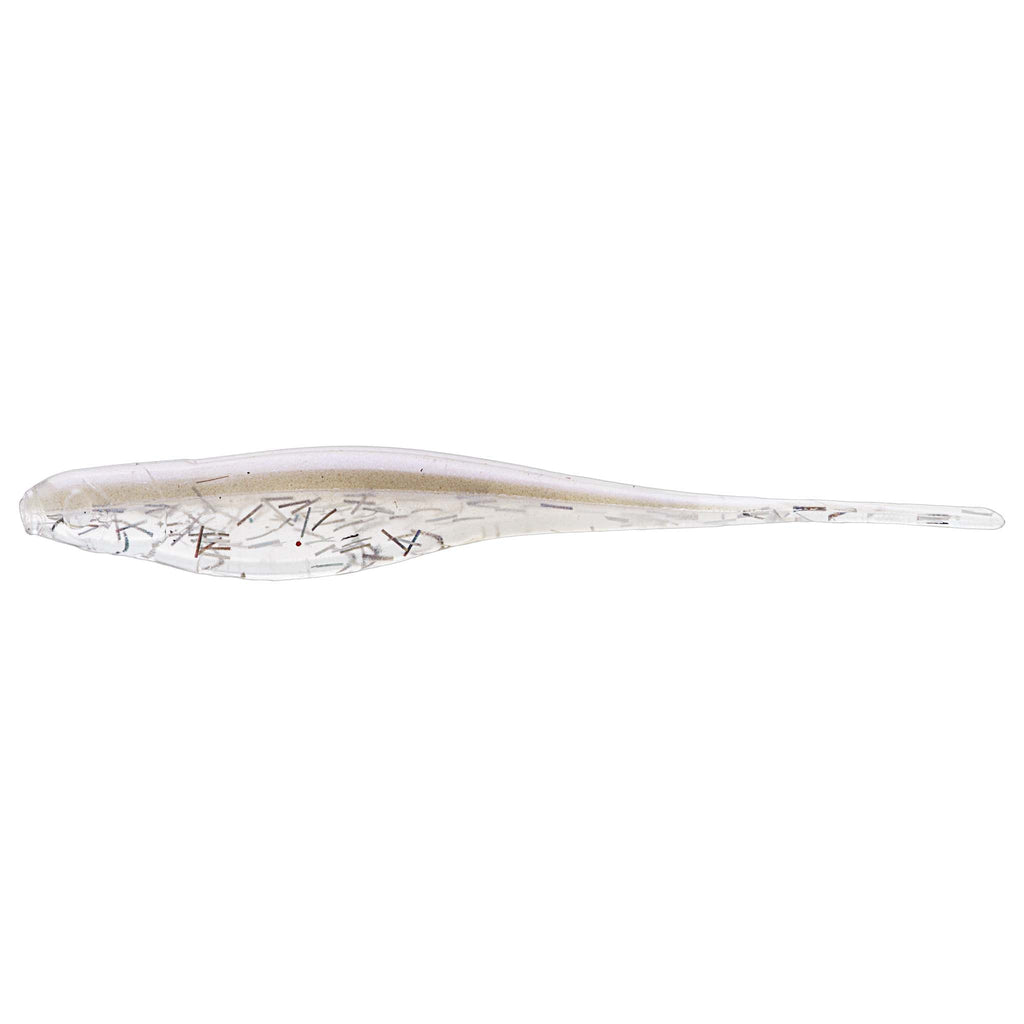 Clear fishing lure with scattered red specks and forked tail fins