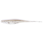 Clear fishing lure with scattered red specks and forked tail fins