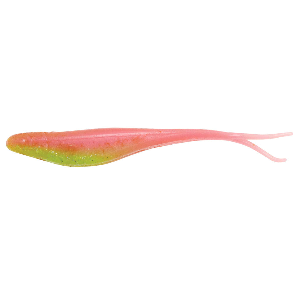 Two-tone fishing lure: orange-pink body with green tail, forked tail fins