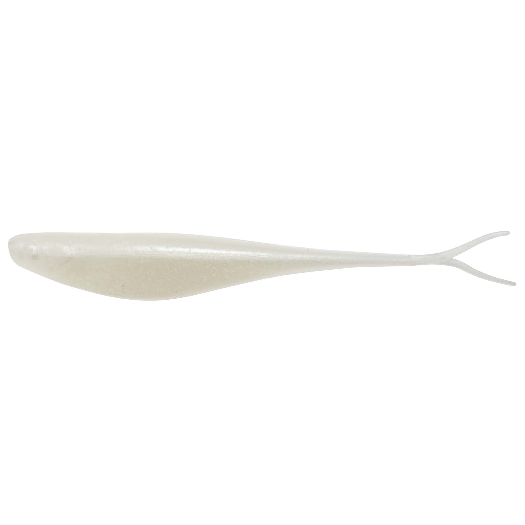 Translucent fishing lure in light pearl white with forked tail fins