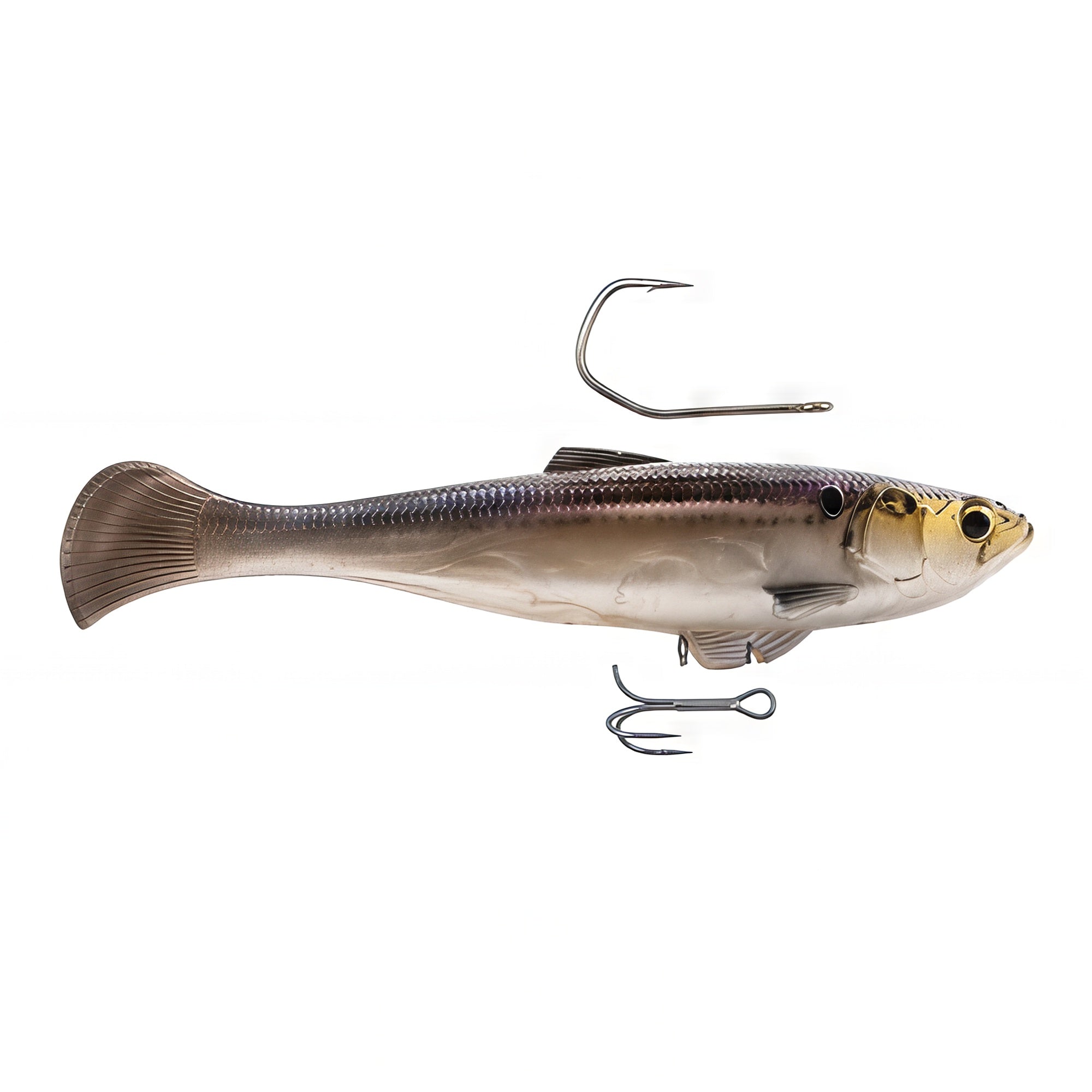 Fishing minnow lure, silver-gray body with subtle blue tint, yellow face, treble hooks.