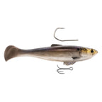 Brown-gray shad fishing lure with treble hook and diving lip, side view