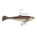 Brown and silver minnow fishing lure with treble hooks and curved top hook
