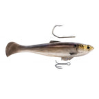 Brown and silver minnow fishing lure with treble hooks and curved top hook