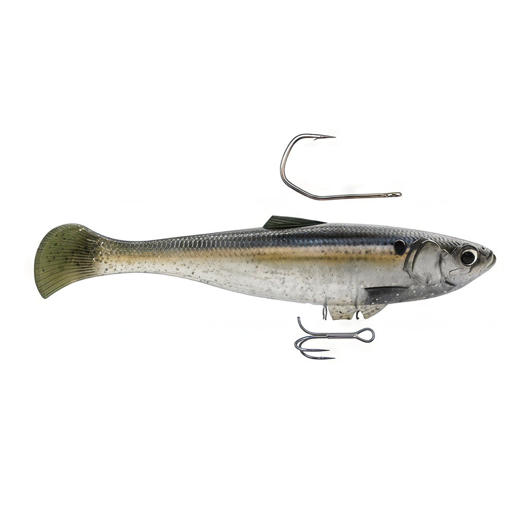 Blue-gray minnow fishing lure with treble hooks and curved top hook