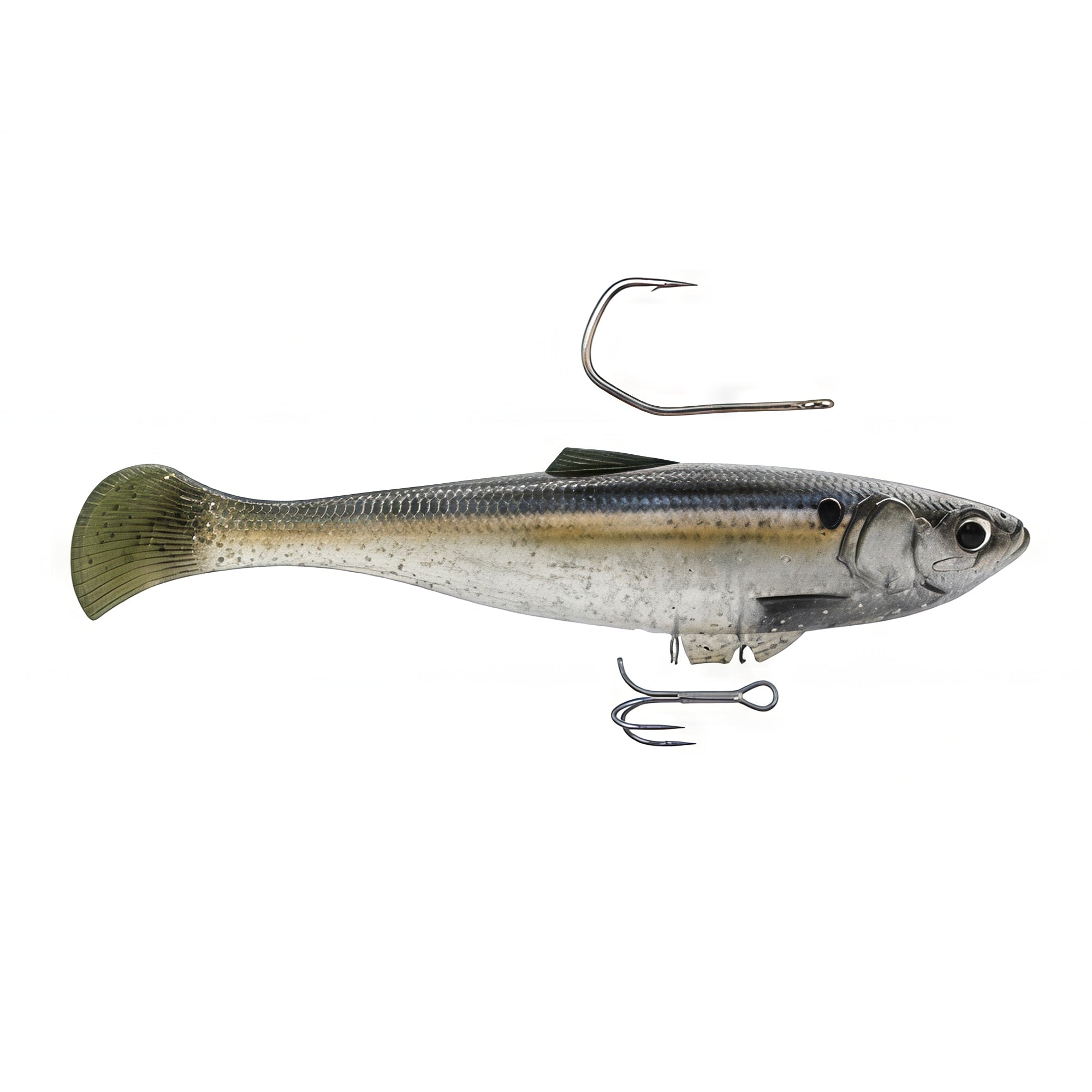 Blue-gray minnow fishing lure with treble hooks and curved top hook