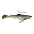 Fishing minnow lure, olive-green back, speckled sides, dark eye, treble hooks.