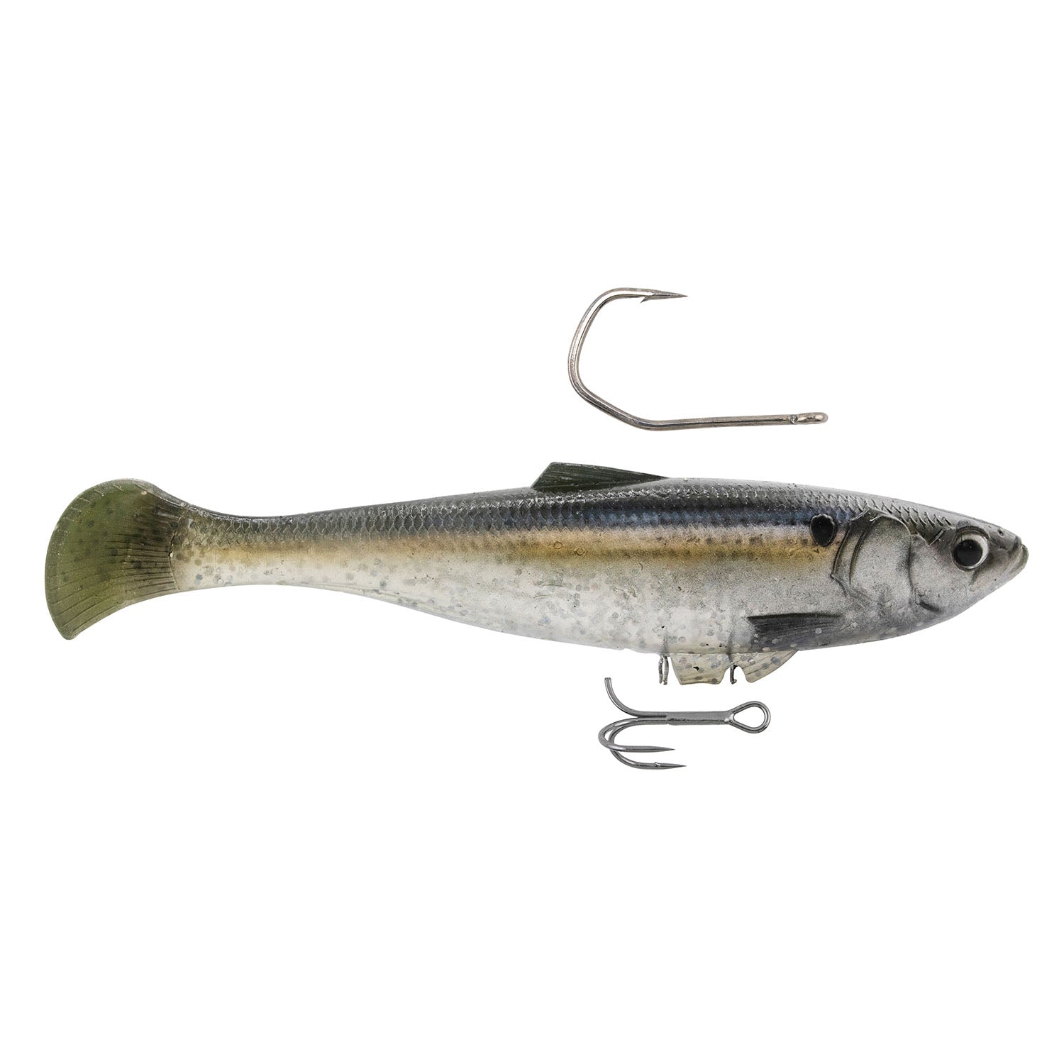 Green-gray minnow fishing lure with treble hooks and curved top hook