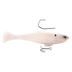 Light cream shad fishing lure with treble hook and diving lip, side view