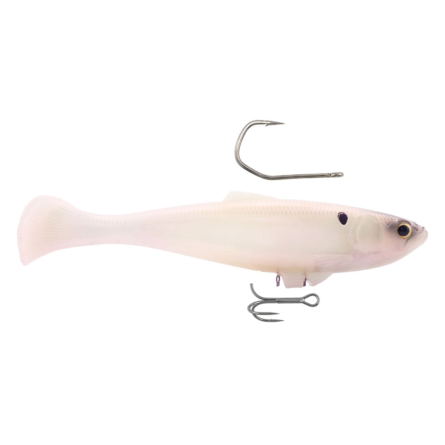 Light cream shad fishing lure with treble hook and diving lip, side view