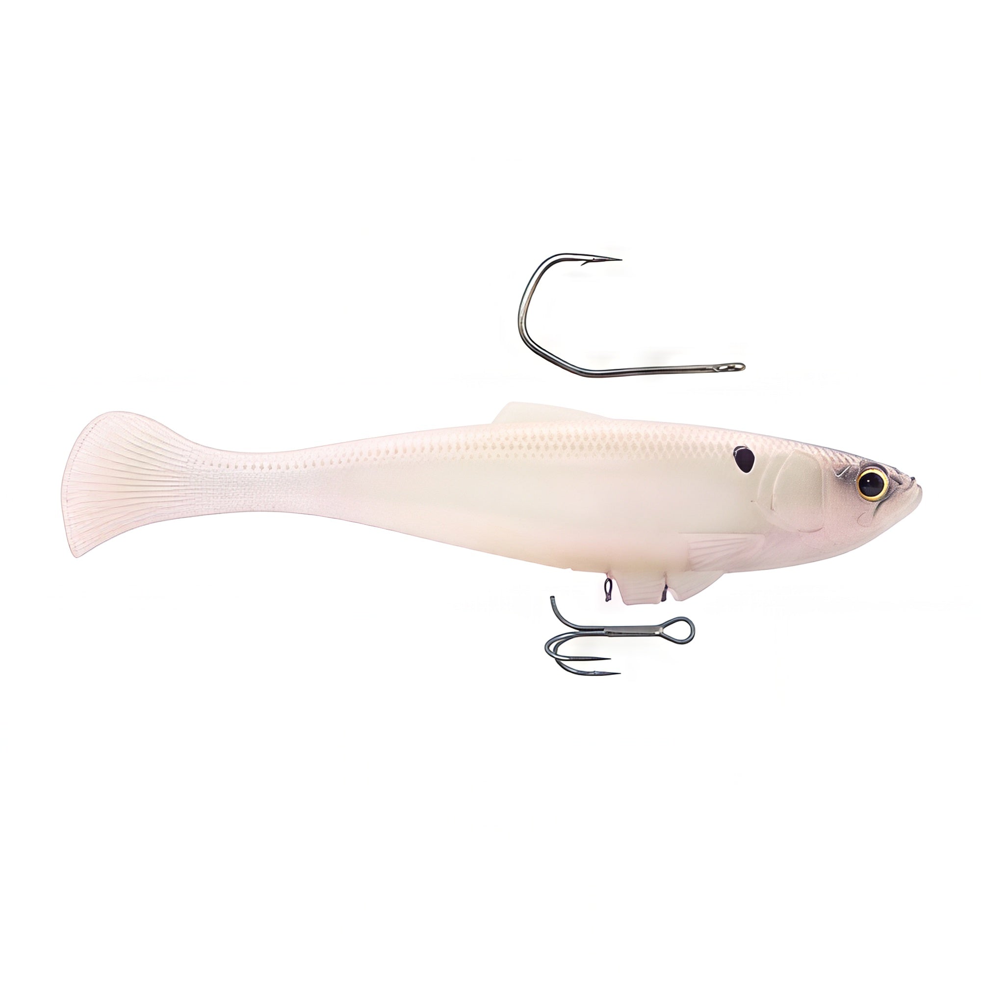 Cream-white minnow fishing lure with treble hooks and curved top hook