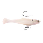 Fishing minnow lure, pale white-pink body, faint markings near the tail, treble hooks.