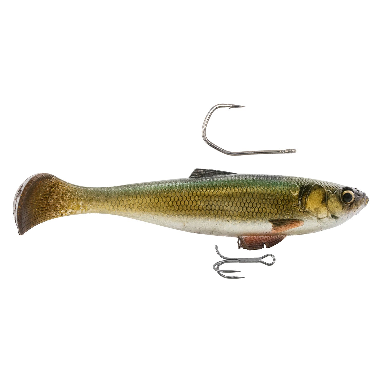 Gold-and-silver shad fishing lure with treble hook and diving lip, side view