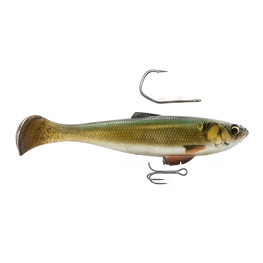 Golden olive minnow fishing lure with treble hooks and curved top hook