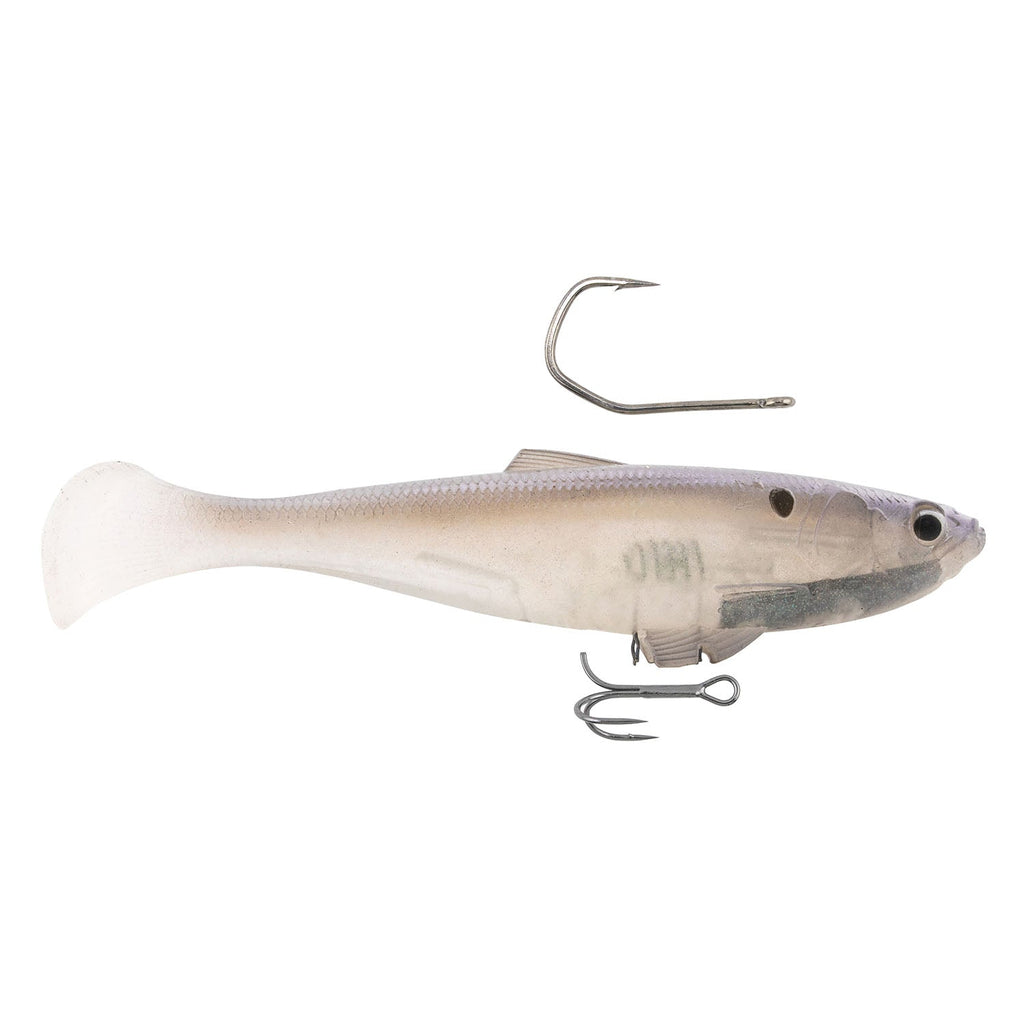 White shad fishing lure with black dot eyes, treble hook and diving lip