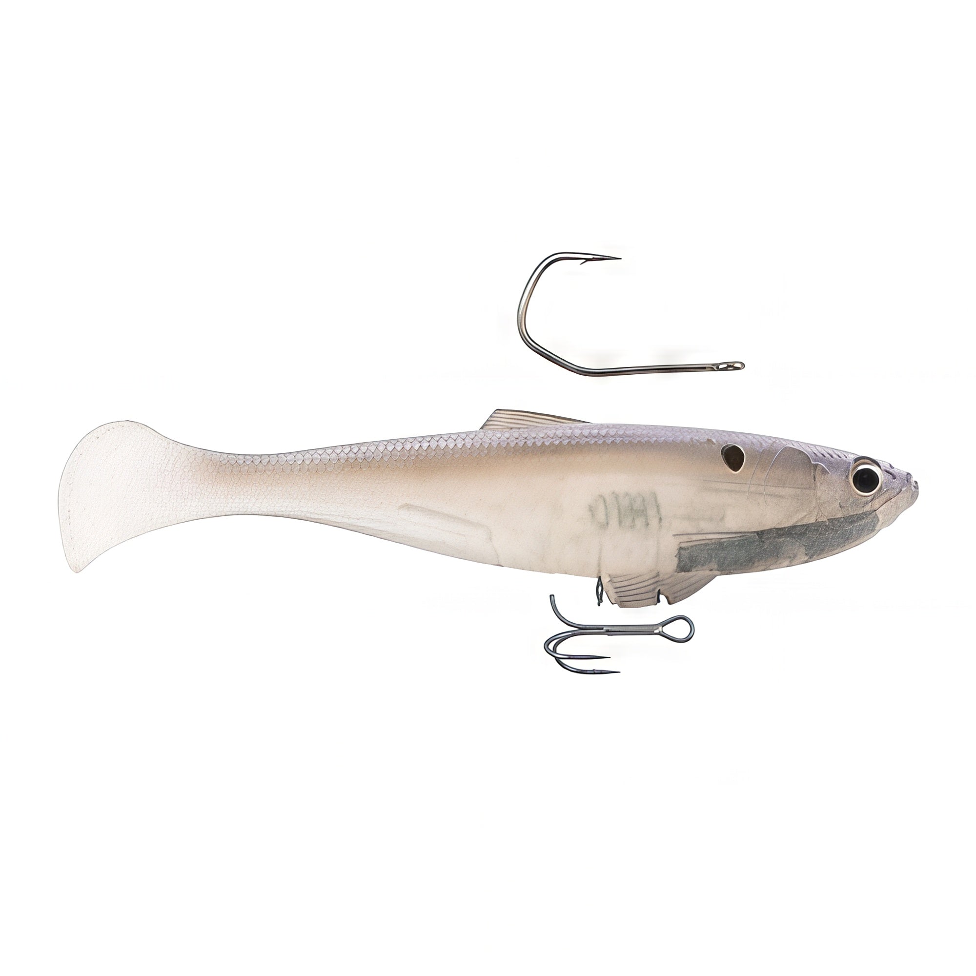 SWAG LT fishing lure in silver-white with curved tail and front treble hook