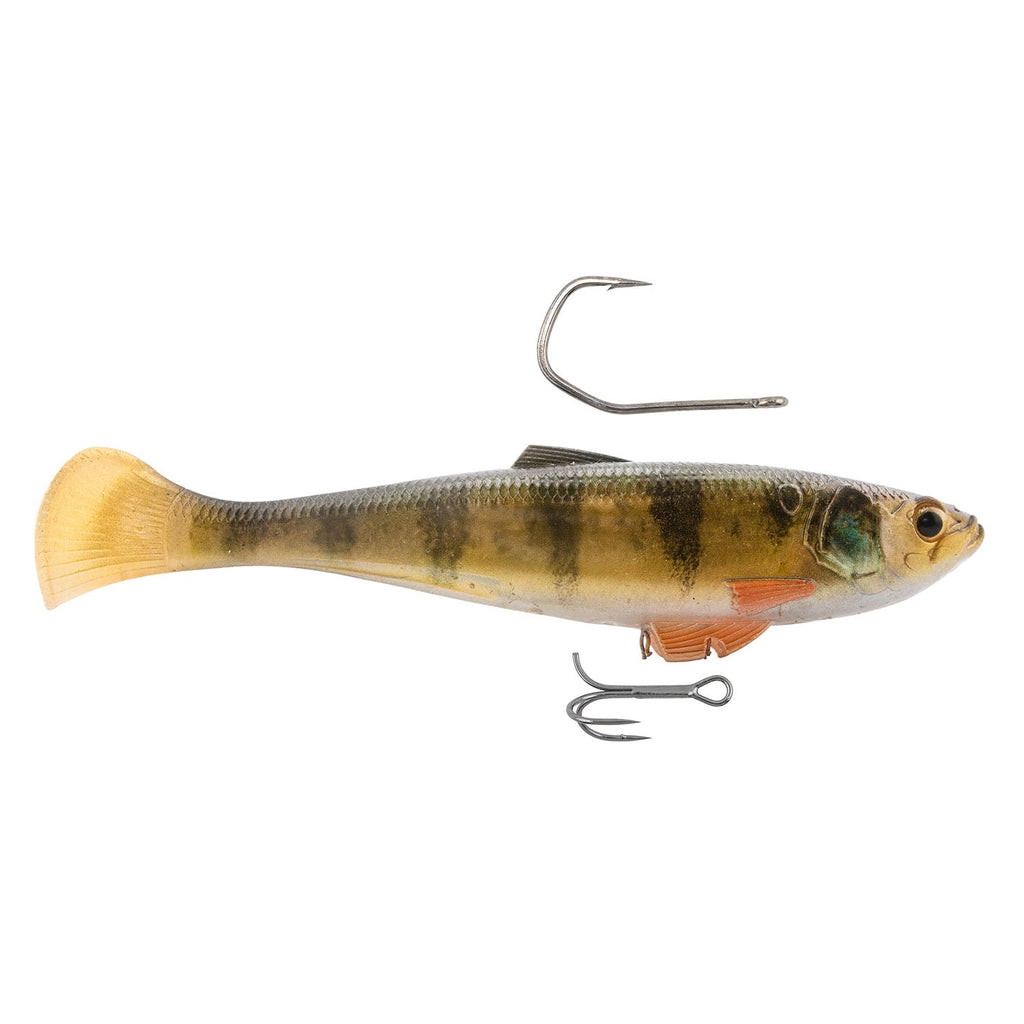 Golden-yellow shad fishing lure with treble hook and diving lip, side view