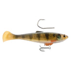 Golden-yellow shad fishing lure with treble hook and diving lip, side view