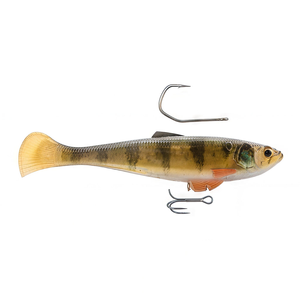 Fishing minnow lure, olive-gold body with dark patches, orange belly stripe, treble hooks.